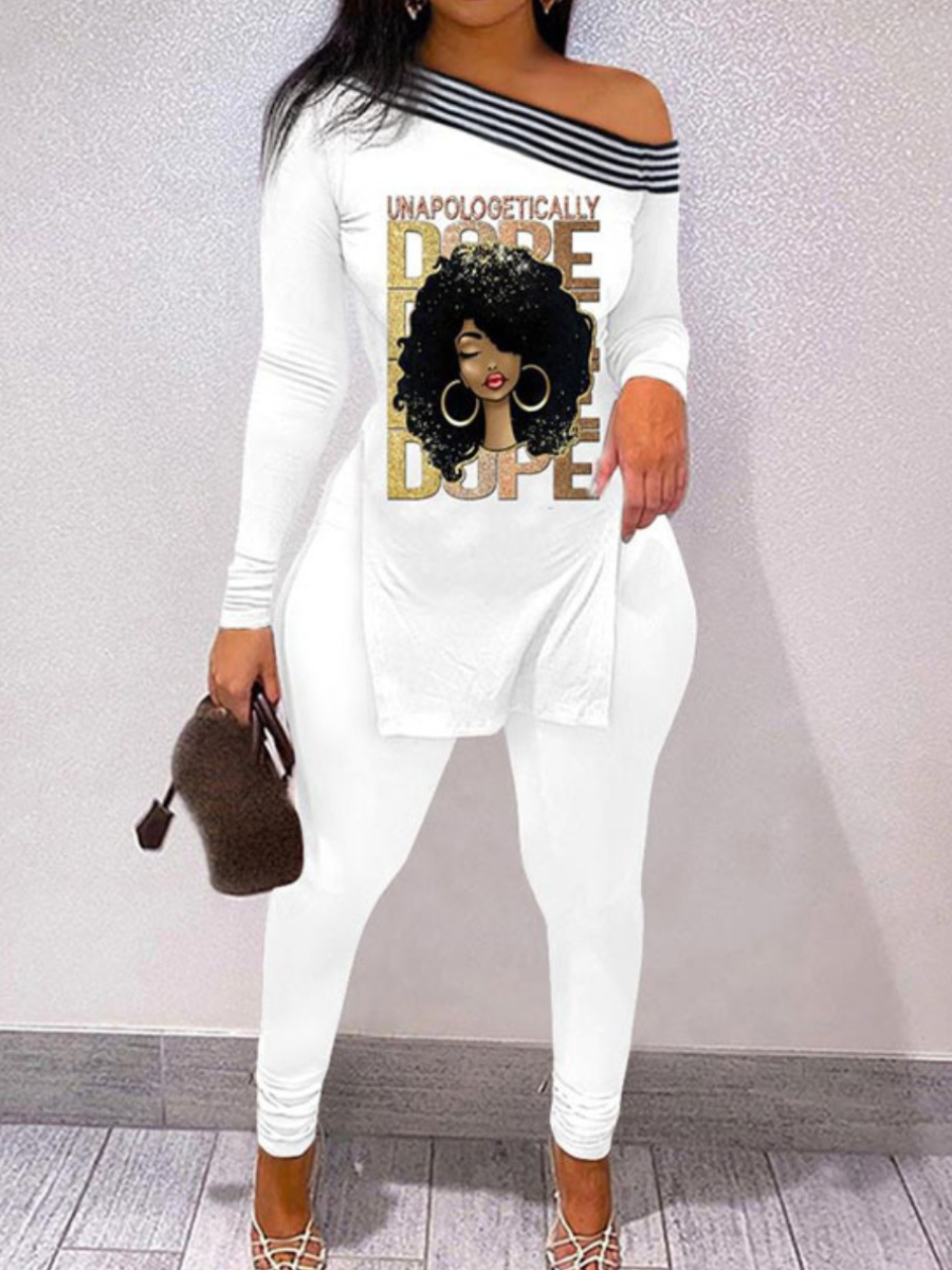 LovelyWholesale Plus Size Figure Letter Print Striped Split Pants Set Fall Long Sleeve Casual One Shoulder  4X Spring Summer 2024