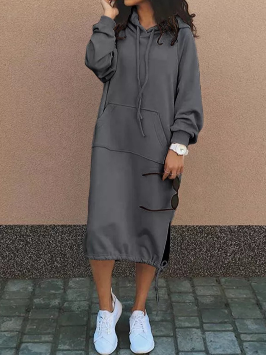 LW Hooded Collar Kangaroo Pocket Drawstring Sweat Dress