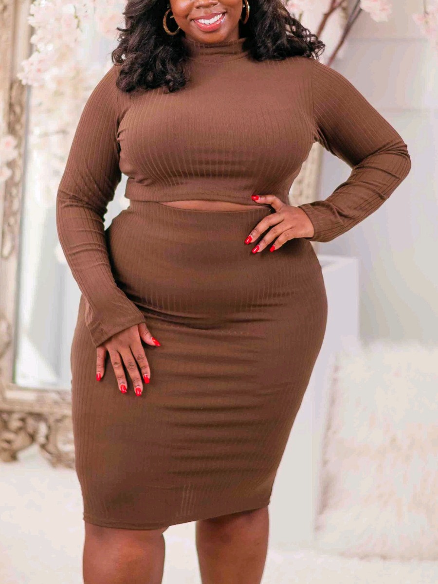 LW Plus Size Round Neck Crop Top Rib Knit Skirt Set