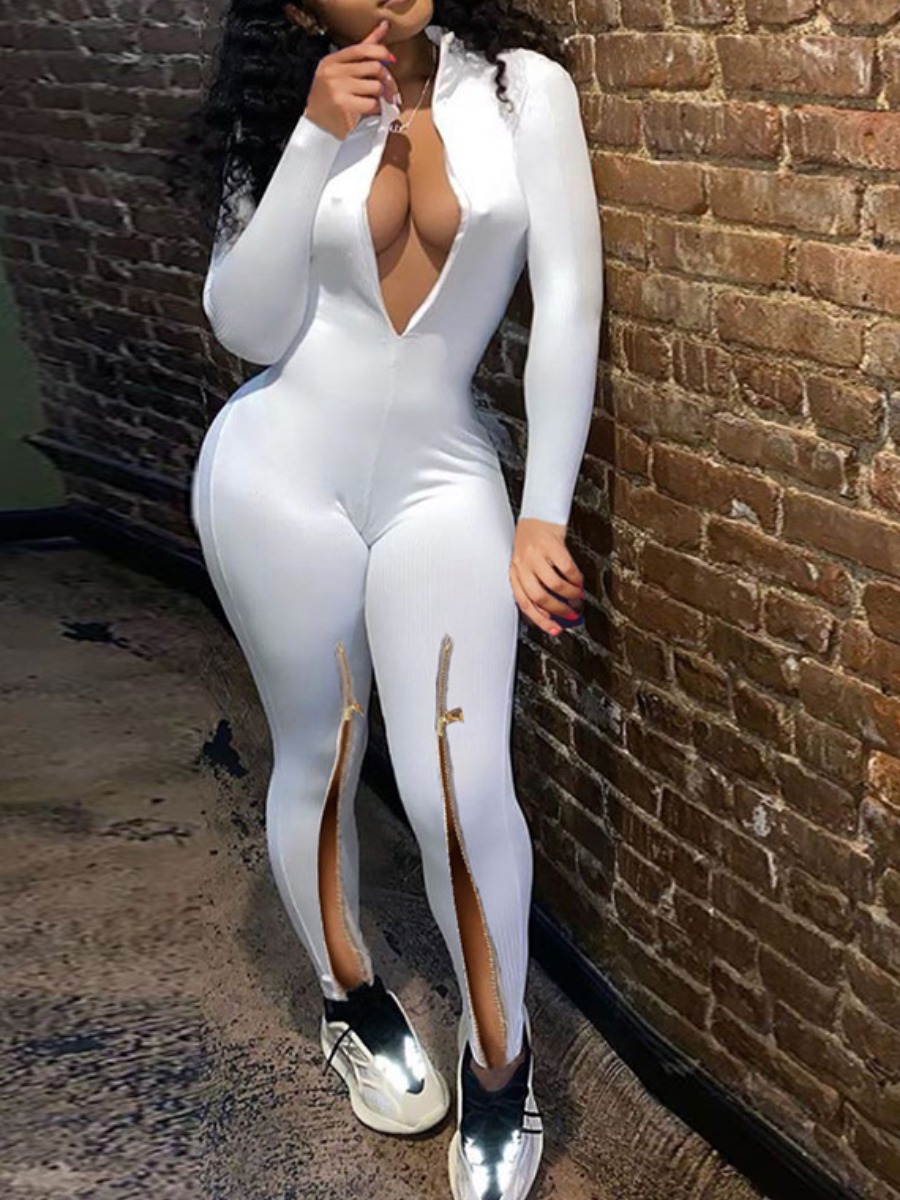 LovelyWholesale SXY High Split Zipper Design Skinny Jumpsuit Fall Long Sleeve Sxy Round Neck Spring Summer 2024