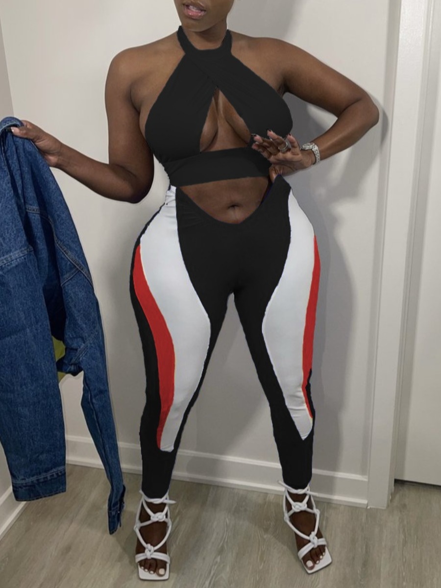 LW Backless Cut Out Patchwork Pants Set