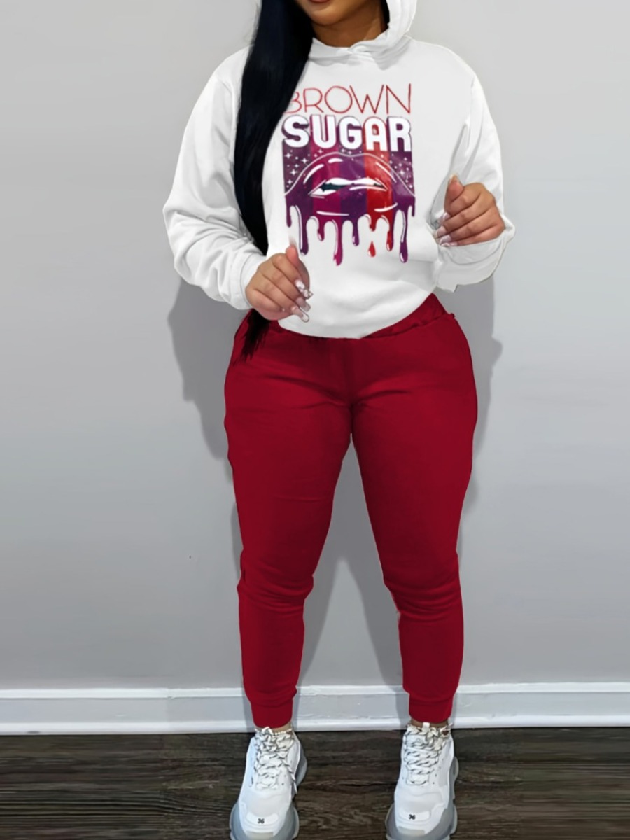LW Plus Size Lip Letter Print Kangaroo Pocket Tracksuit Set