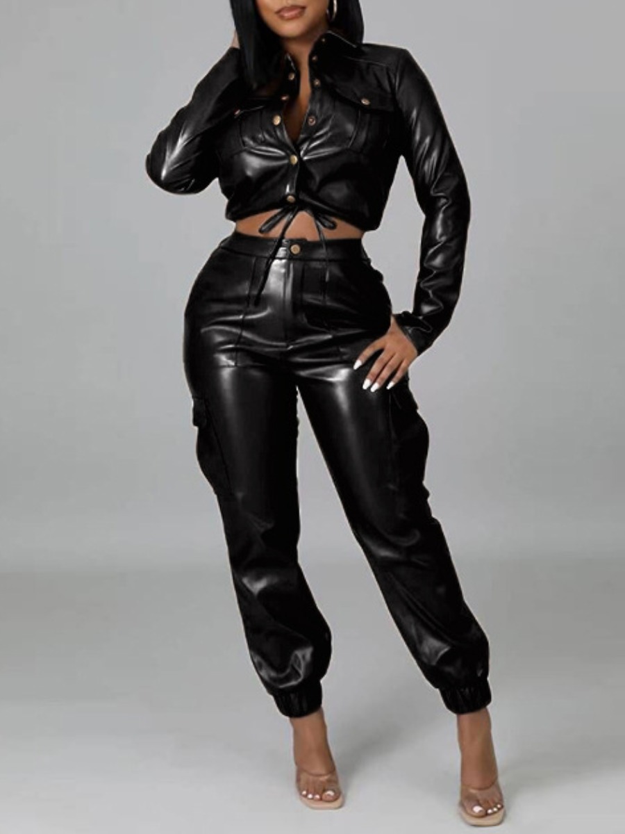 LW Faux Leather Drawstring High Waist Pants Set