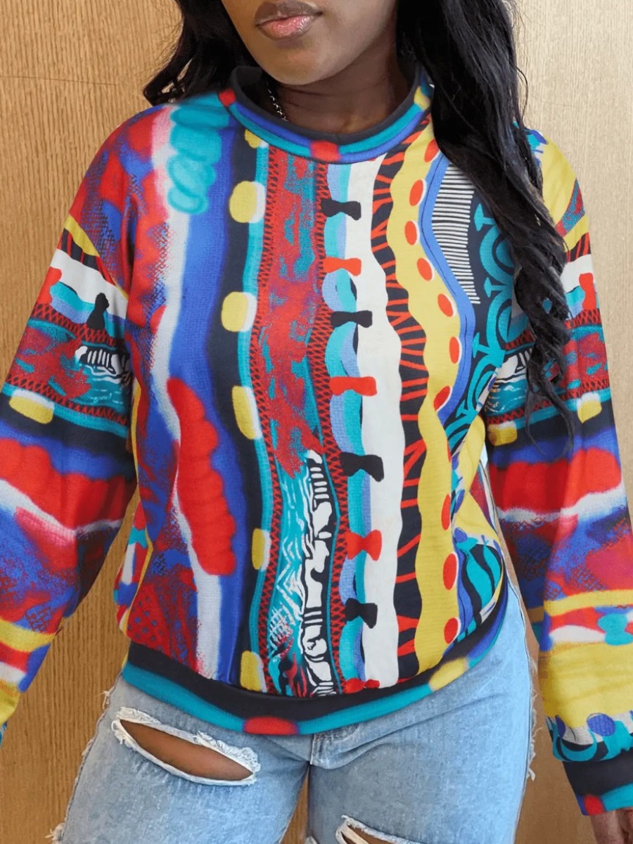LovelyWholesale Plus Size Dropped Shoulder Mixed Print Sweatshirt Fall Long Sleeve Casual Pattern Round Neck  5X Spring Summer 2024