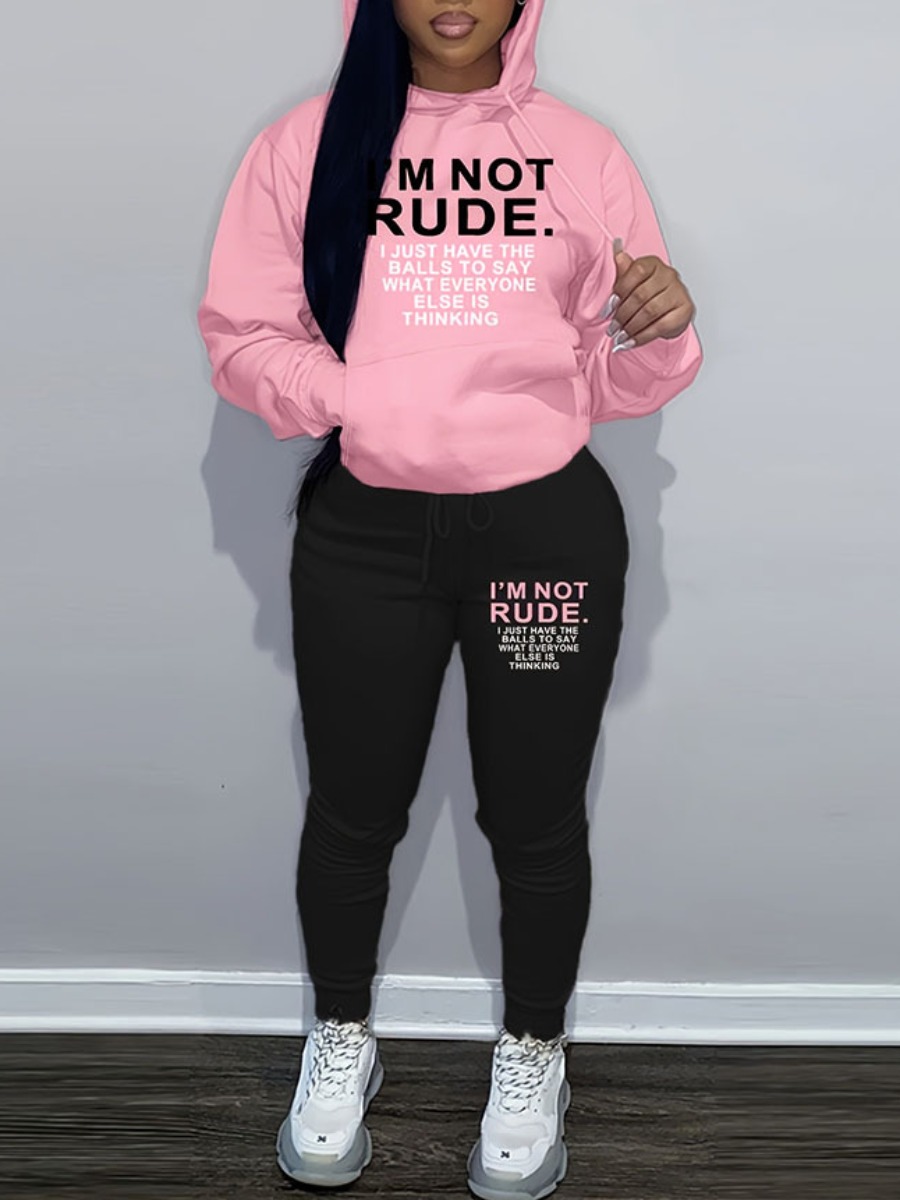 LW Plus Size Letter Print Kangaroo Pocket Tracksuit Set