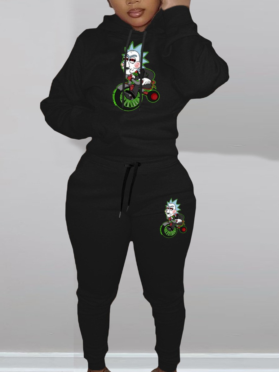 LW Plus Size Cartoon Print Kangaroo Pocket Tracksu