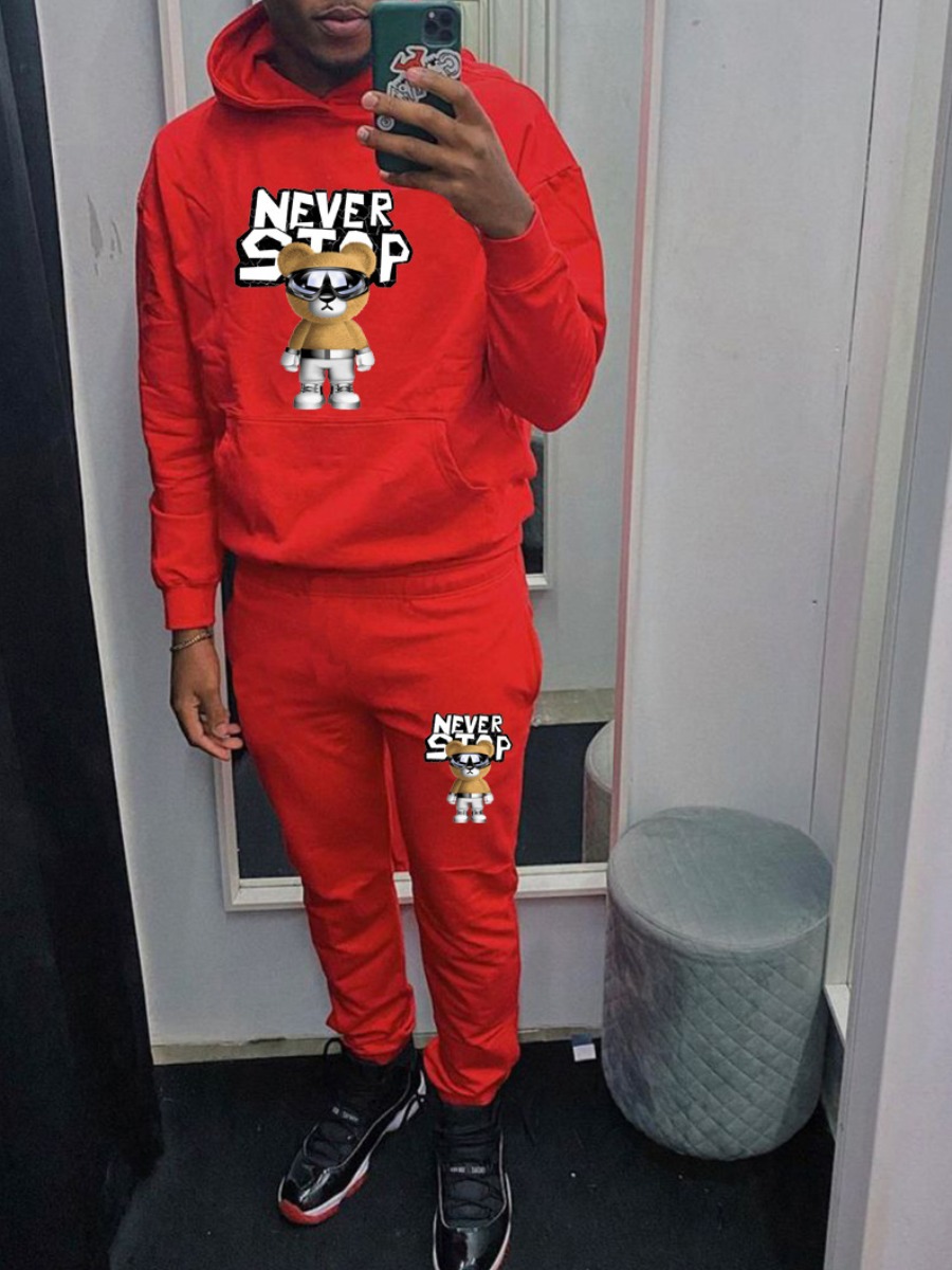 LW MenCartoon Letter Print Kangaroo Pocket Tracksu