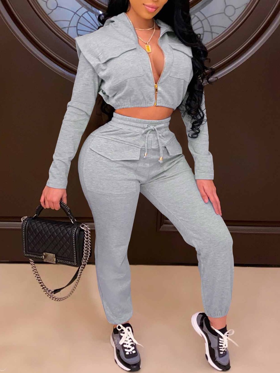 LovelyWholesale Crop Top Drawstring Skinny Pants Set Fall Long Sleeve Casual Hooded Collar Spring Summer 2024