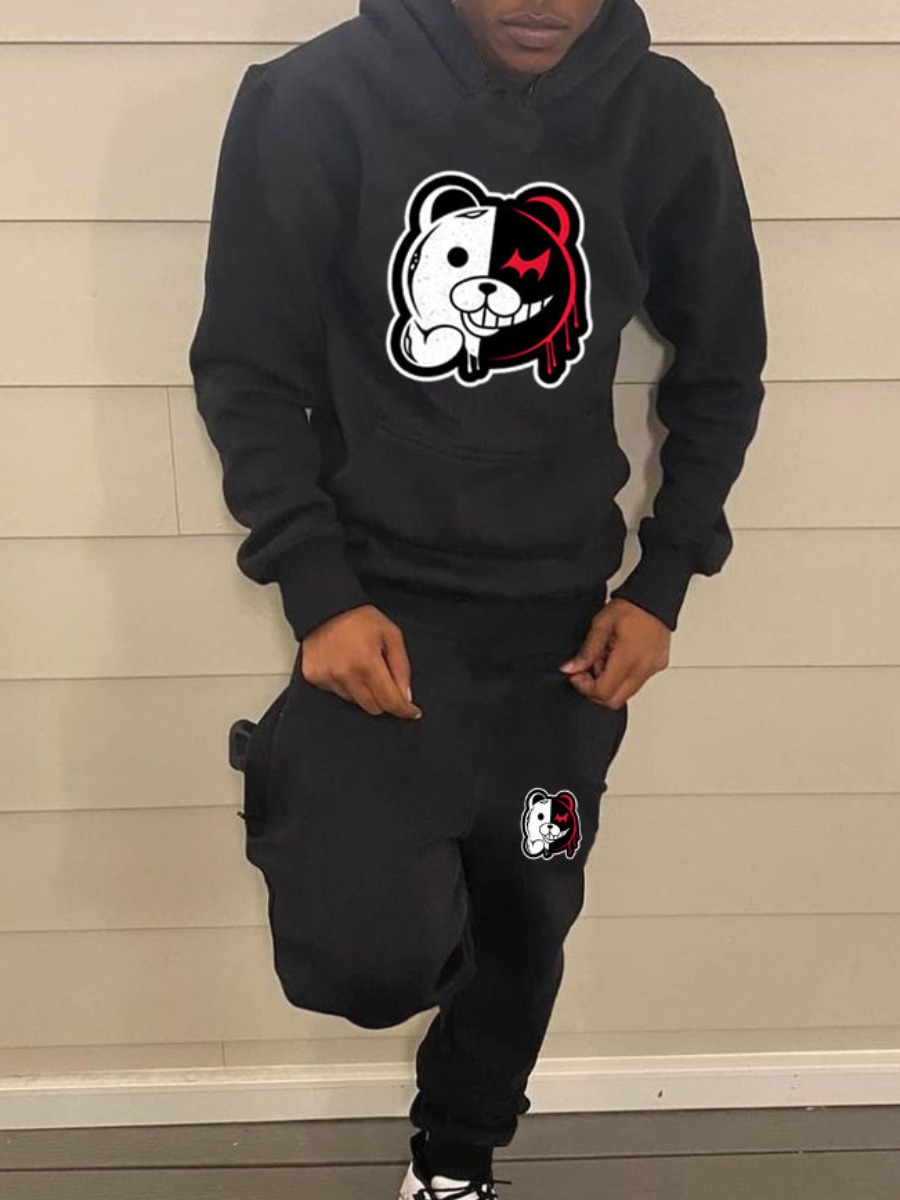 LW Men Cartoon Print Kangaroo Pocket Tracksuit Set