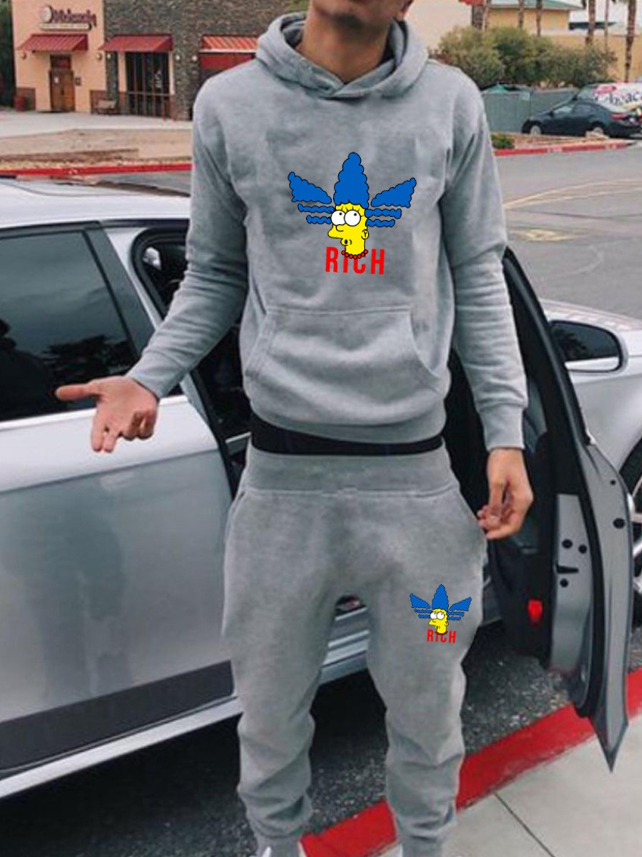 LW Men Cartoon Print Kangaroo Pocket Tracksuit Set