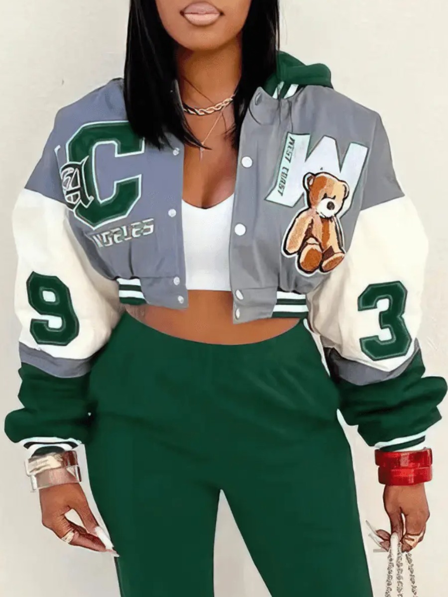 LW Hooded Collar Teddy Bear Letter Decor Jacket
