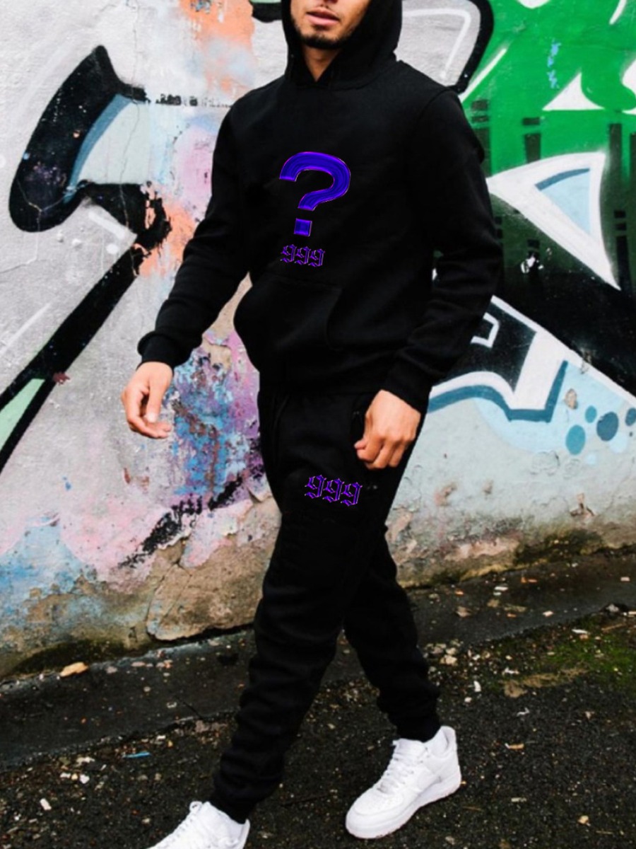 LW Men Letter Print Kangaroo Pocket Tracksuit Set