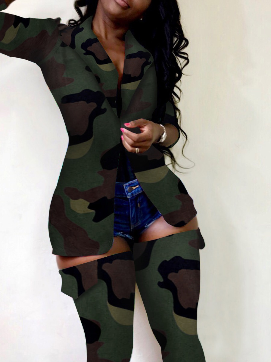 LW Plus Size Camo Print Blazer Skinny Pants Set