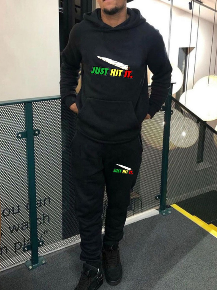 LW Men Letter Print Kangaroo Pocket Tracksuit Set