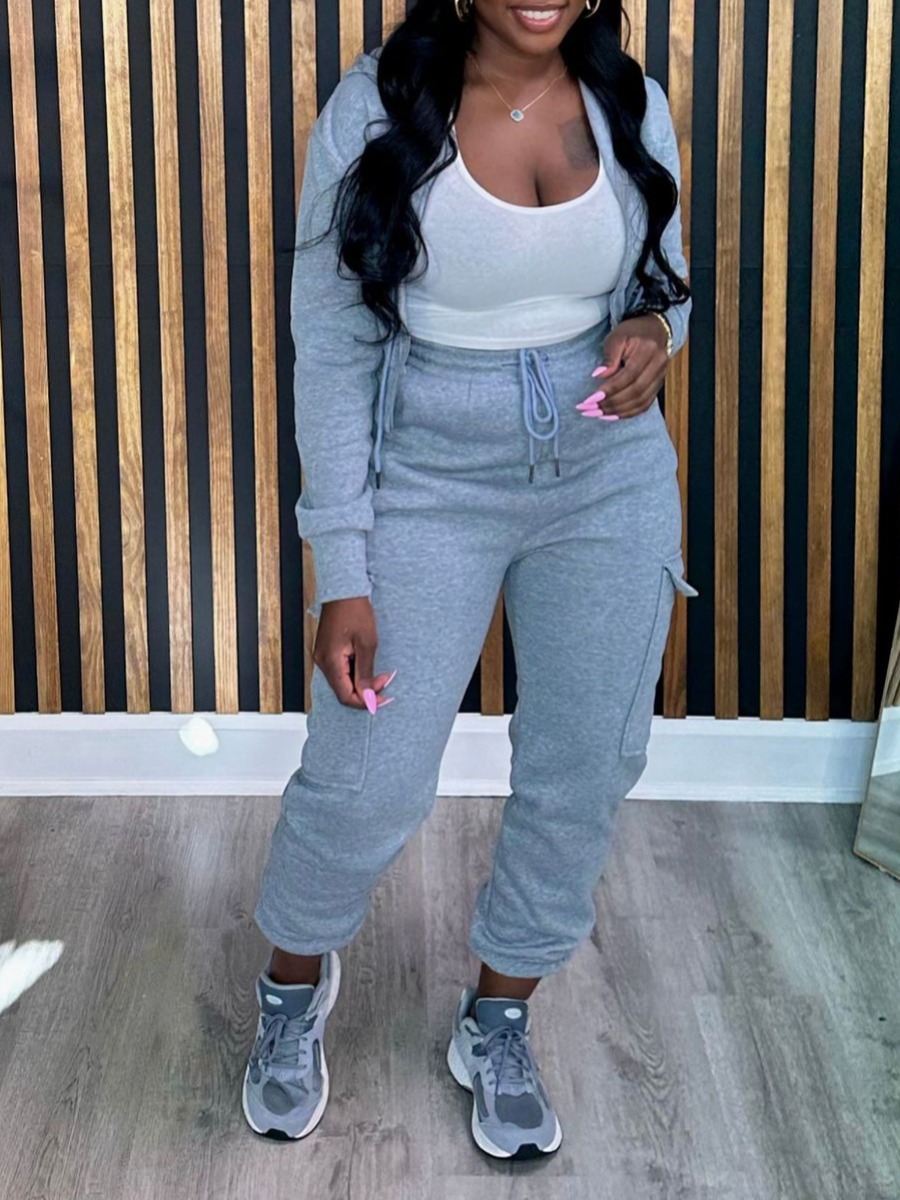 LovelyWholesale Drawstring Side Pocket Tracksuit Set Fall Long Sleeve Casual Hooded Collar Spring Summer 2024