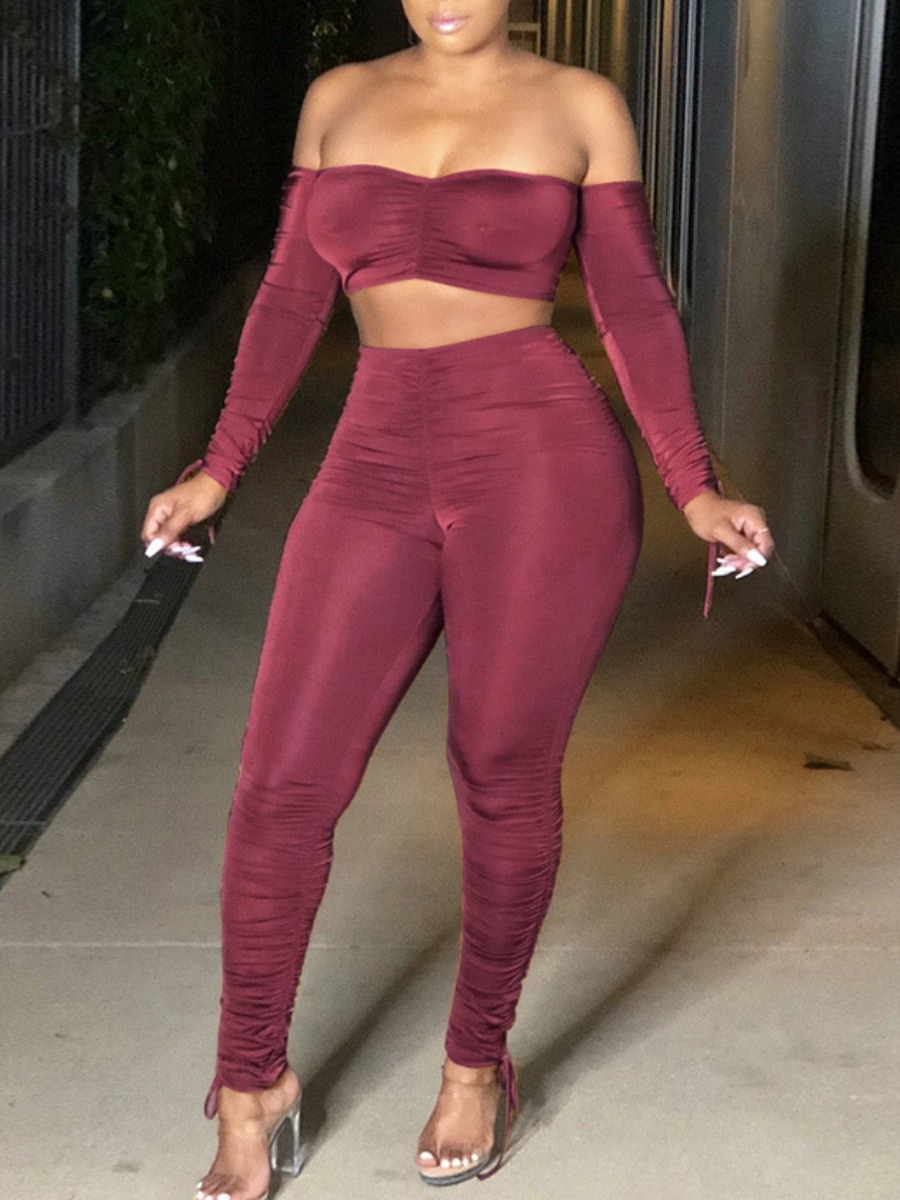 LovelyWholesale SXY Off The Shoulder Crop Top Ruched Pants Set Fall Long Sleeve Sxy Solid Color Bateau Neck Spring Summer 2024