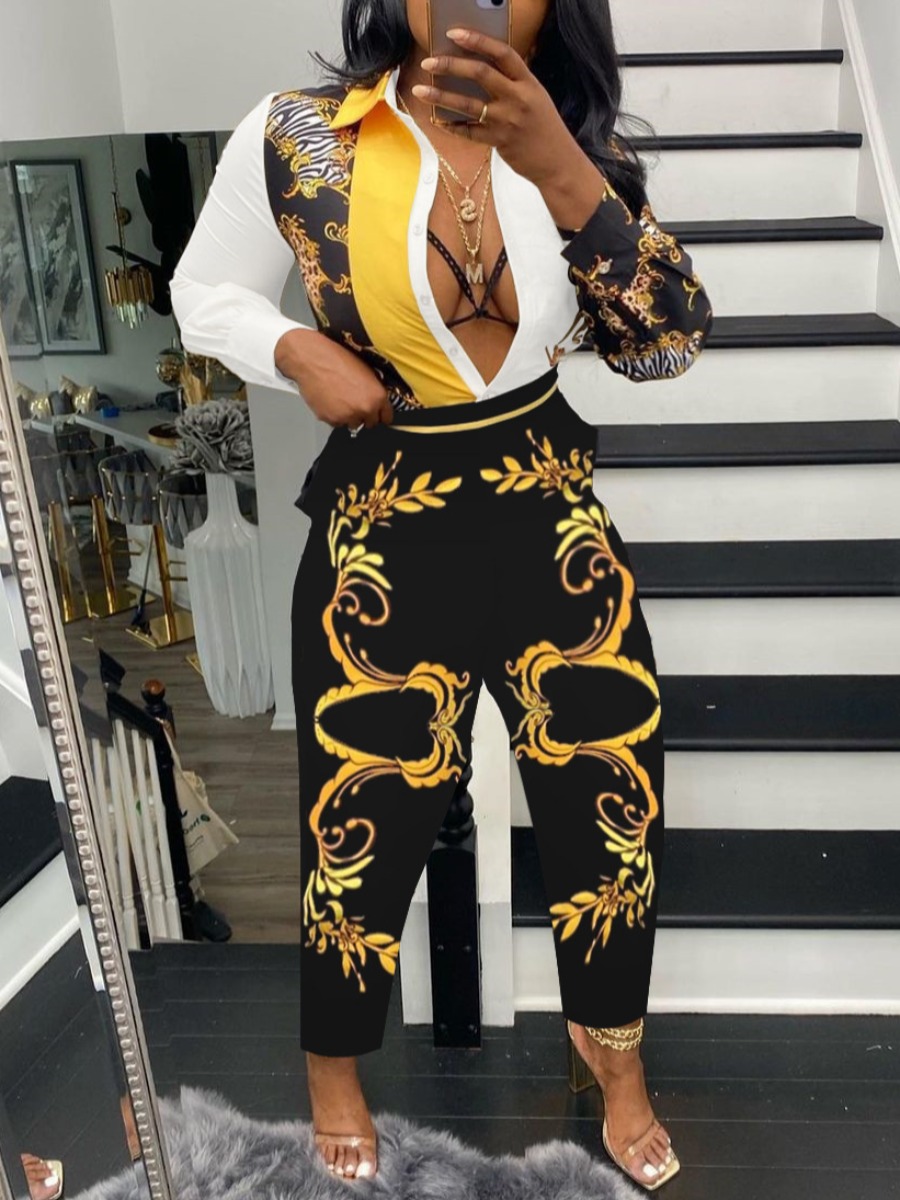 LovelyWholesale Tribal Print Patchwork Shirt Pants Set Fall Long Sleeve Casual Turndown Collar Spring Summer 2024