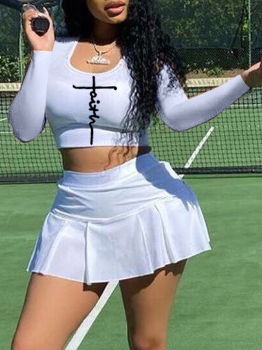 LW Crop Top Faith Letter Print Pleated Skirt Set