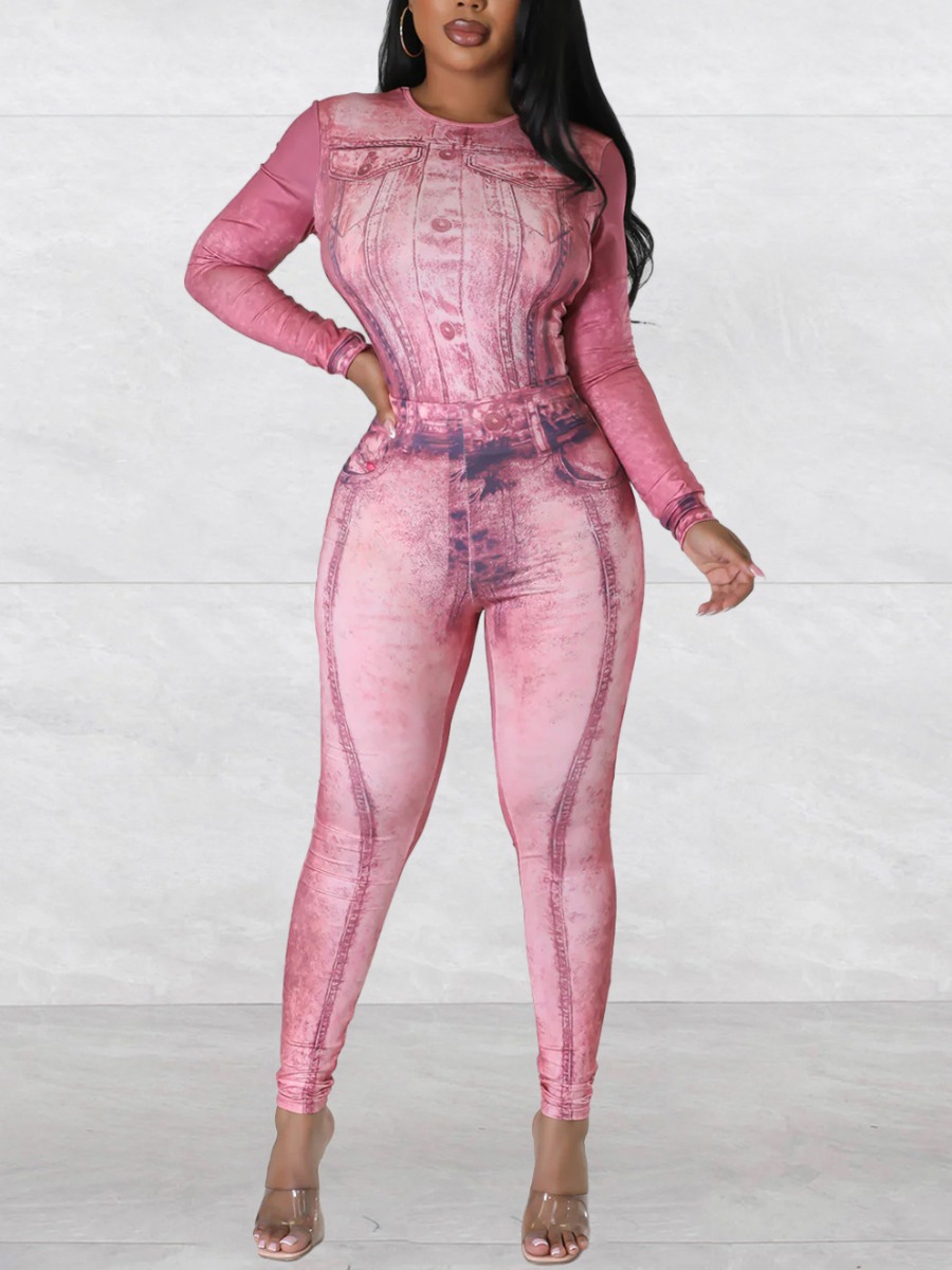 LovelyWholesale Crop Top Gradient Skinny Pants Set Fall Long Sleeve Casual Pattern Round Neck Spring Summer 2024