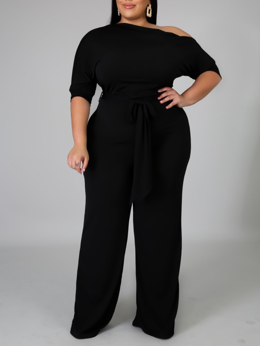 LW Plus Size Inclined Neck Bandage Design Wide Leg Jumpsuit