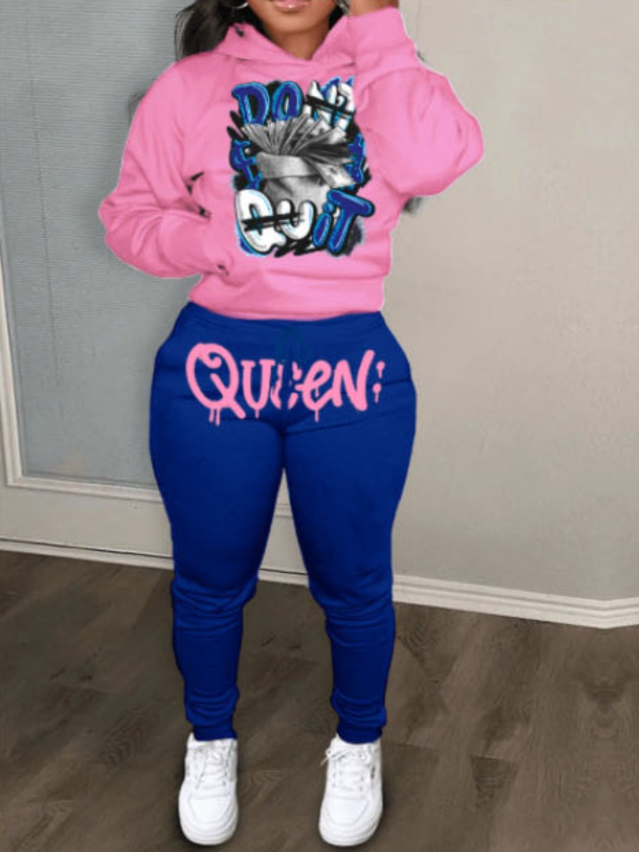 LW Queen Letter Print Kangaroo Pocket Tracksuit Set