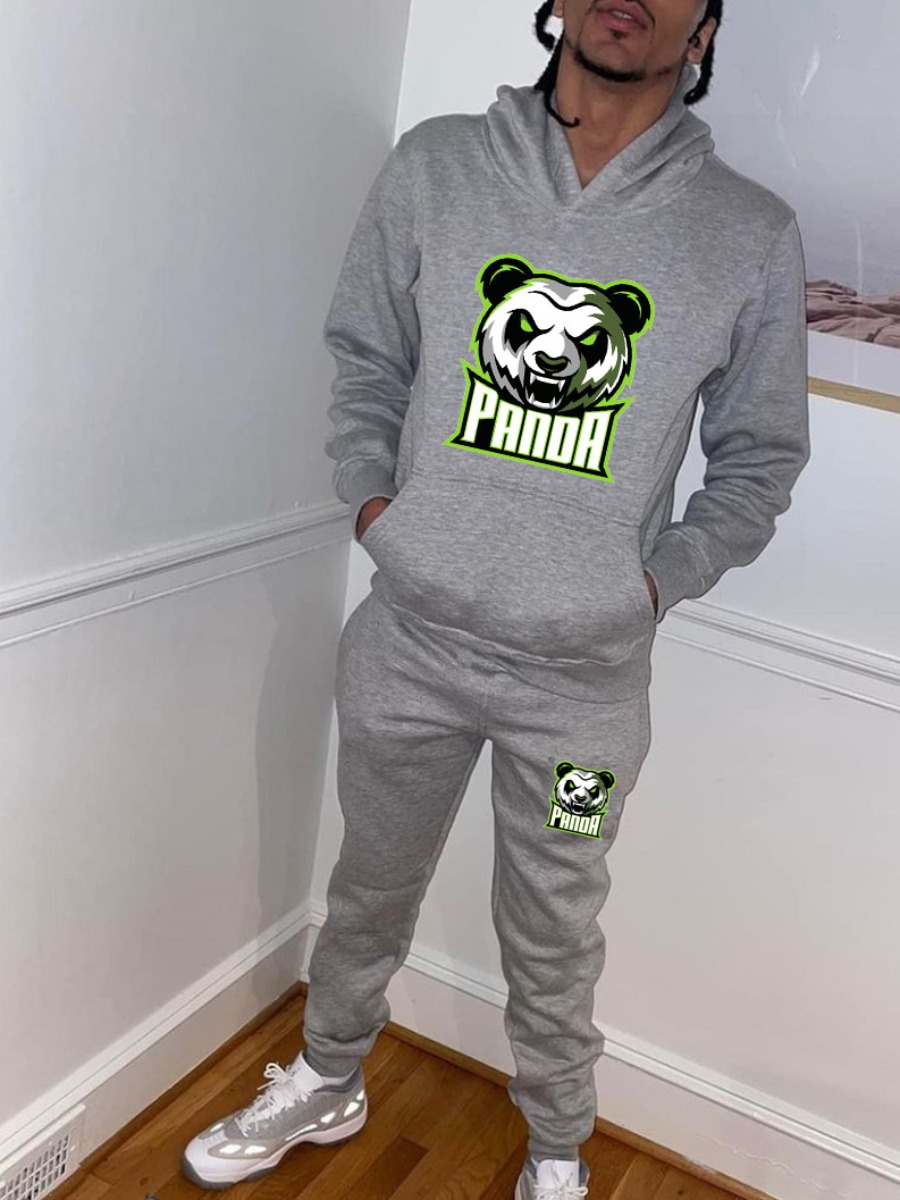 LW Men Figure Letter Print Kangaroo Pocket Tracksuit Set