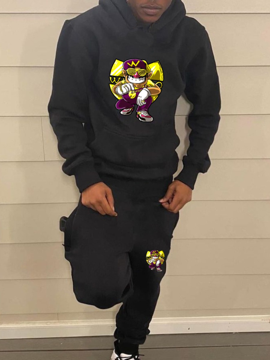 LW Men Cartoon Print Kangaroo Pocket Tracksuit Set