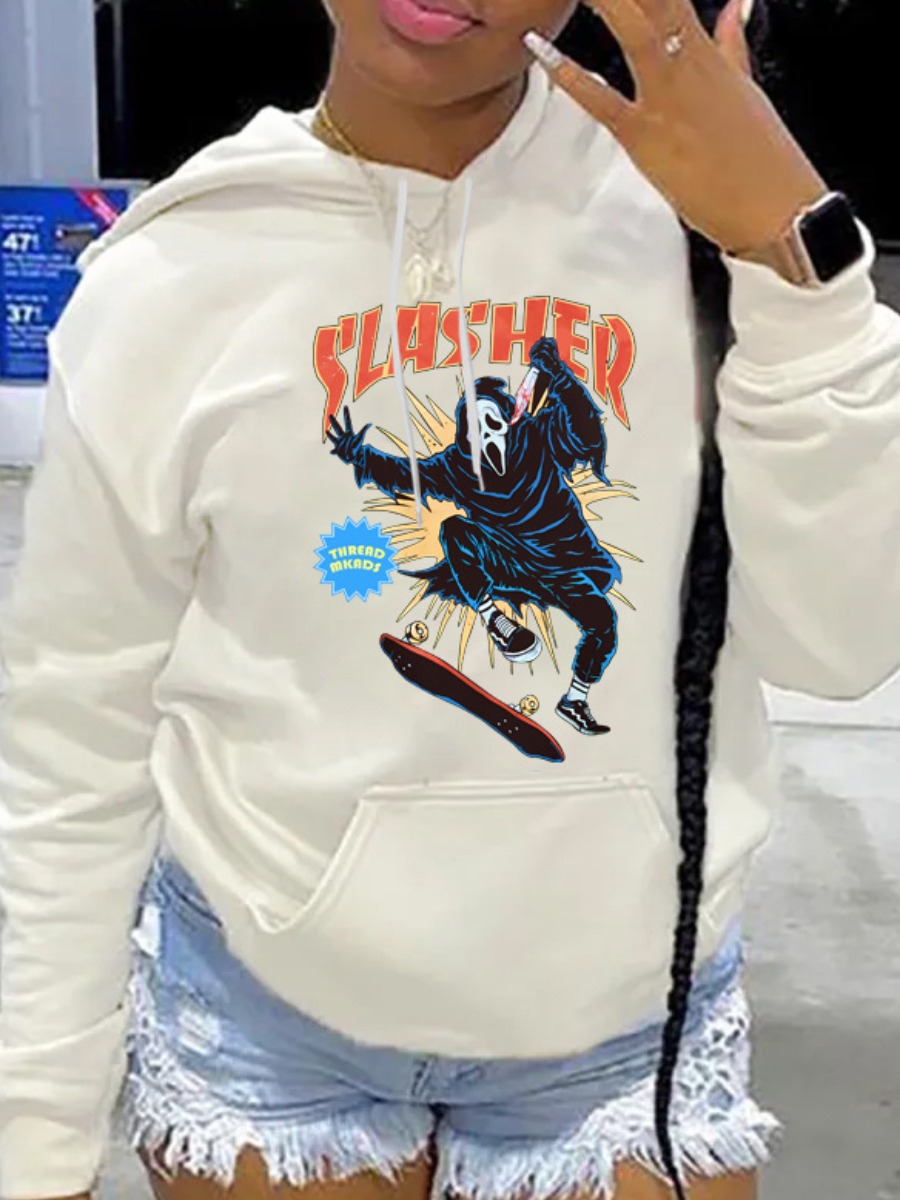 LW Halloween Clown Letter Print Kangaroo Pocket Hoodie