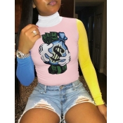 LW Trendy Turtleneck Print Patchwork Multicolor T-
