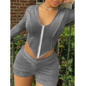 LW Hooded Collar Crop Top Skinny Shorts Set