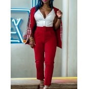 LW Plus Size Plaid Print Belt Design Blazer Pants 