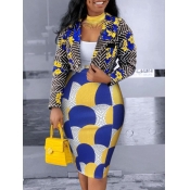 LW Plus Size Geometric Print Patchwork Blazer Skir