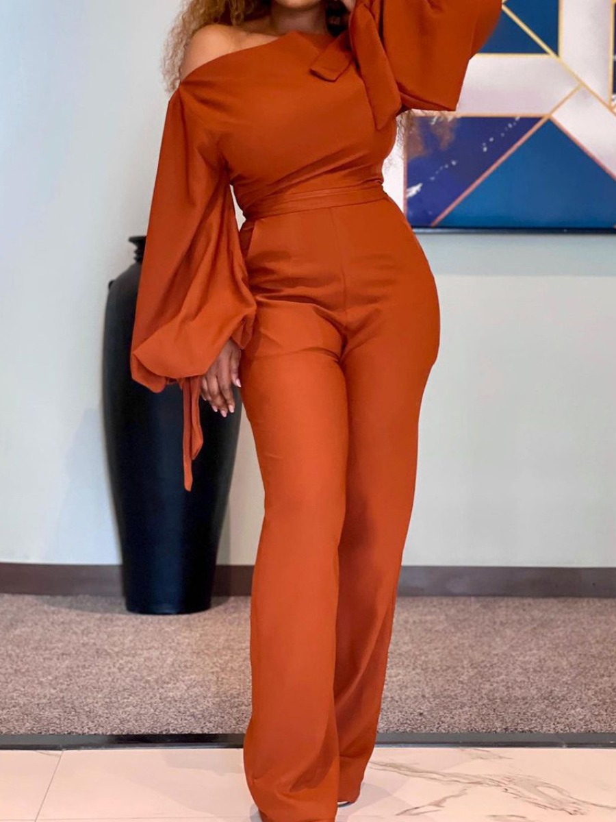 LovelyWholesale One Shoulder Bandage Design Wide Leg Jumpsuit Fall Long Sleeve Elegant Bandage Design One Shoulder Spring Summer 2024