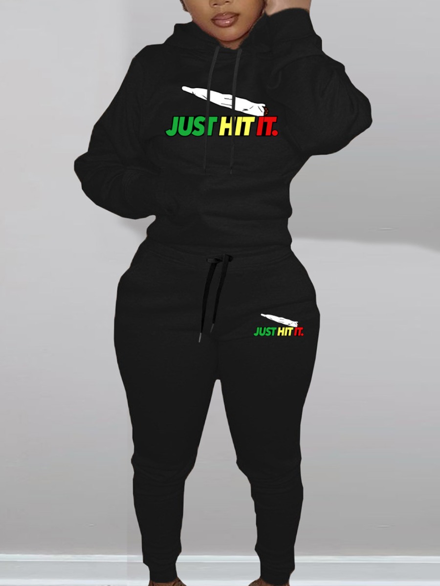 LW Letter Print Kangaroo Pocket Tracksuit Set
