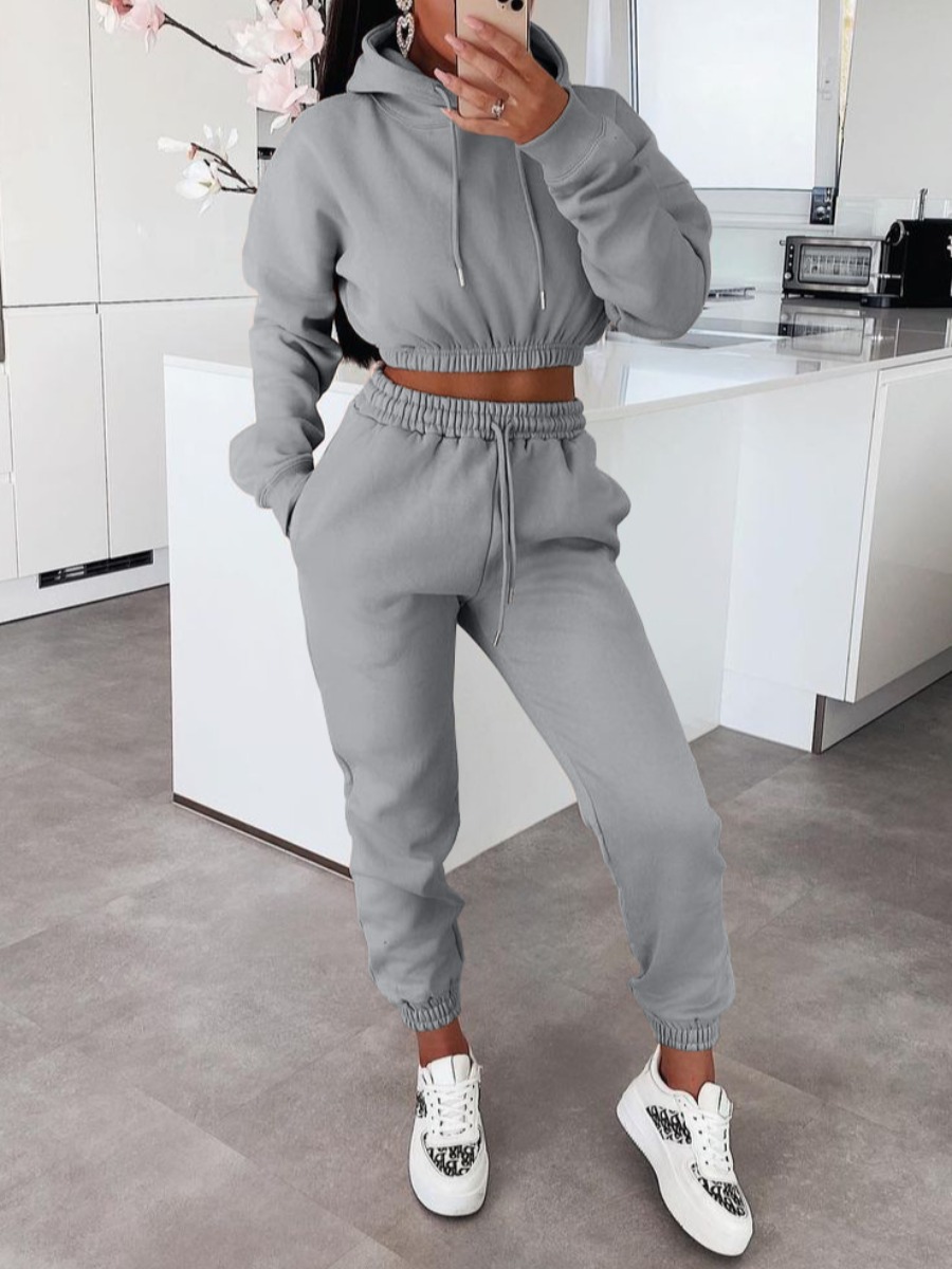 LW BASICS Hooded Collar Crop Top Drawstring Pants Set