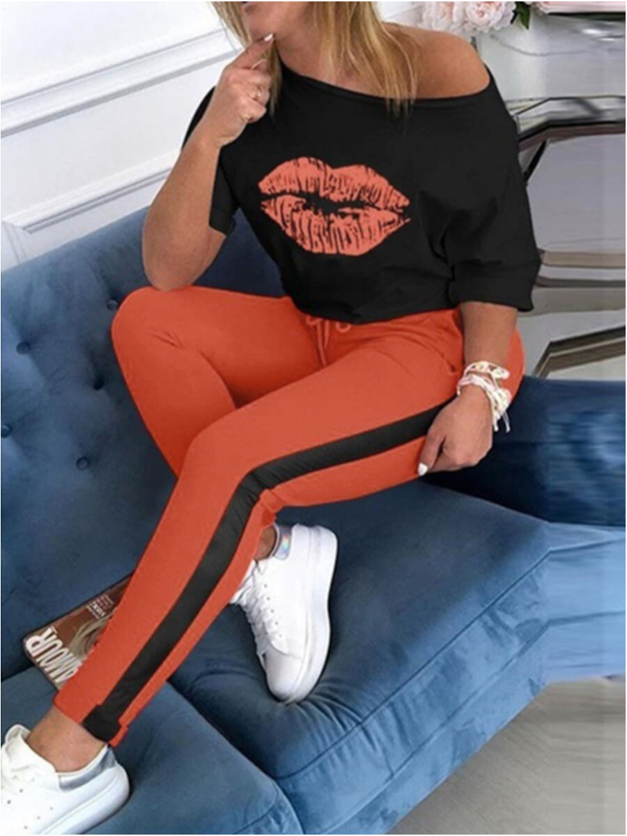 LW Basic Print Regular Two-piece Pants Set