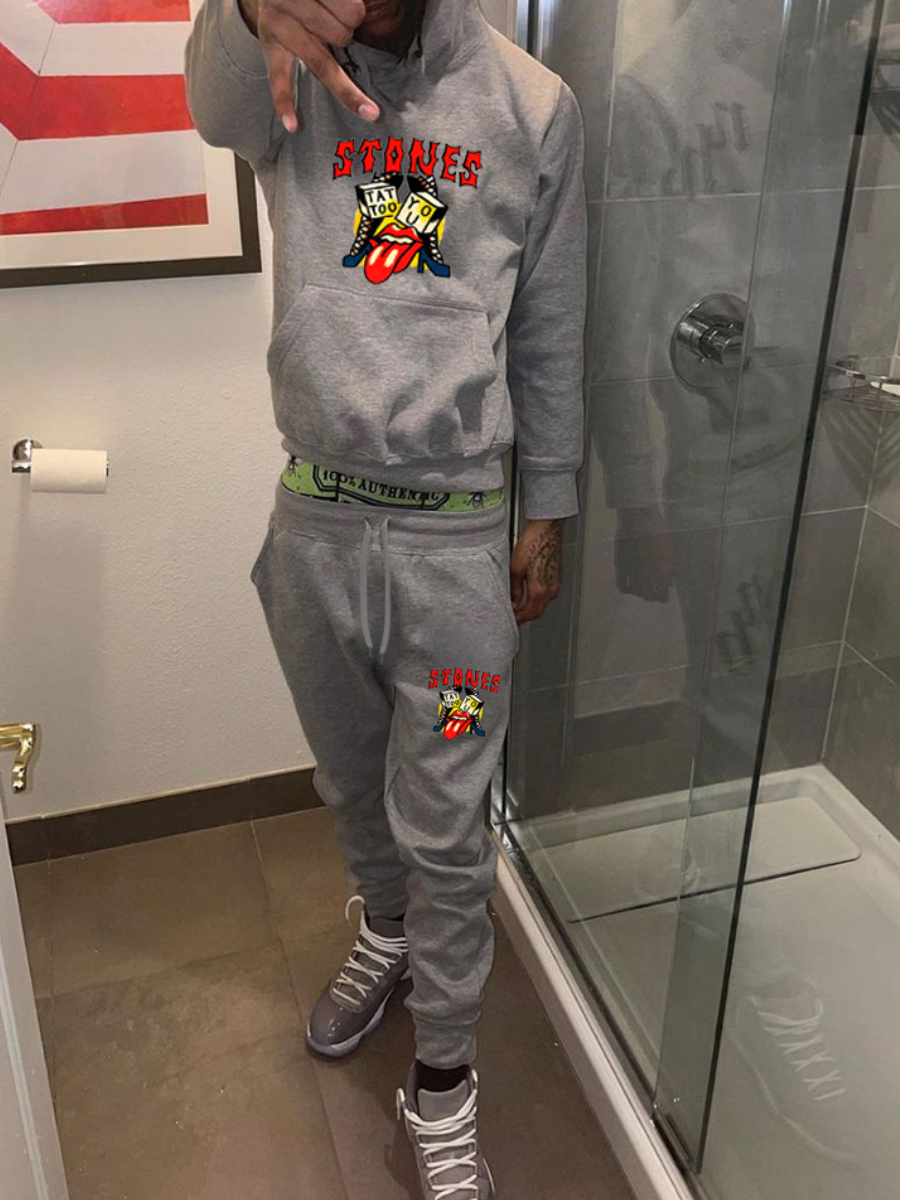 LW Men Cartoon Letter Print Kangaroo Pocket Tracksuit Set