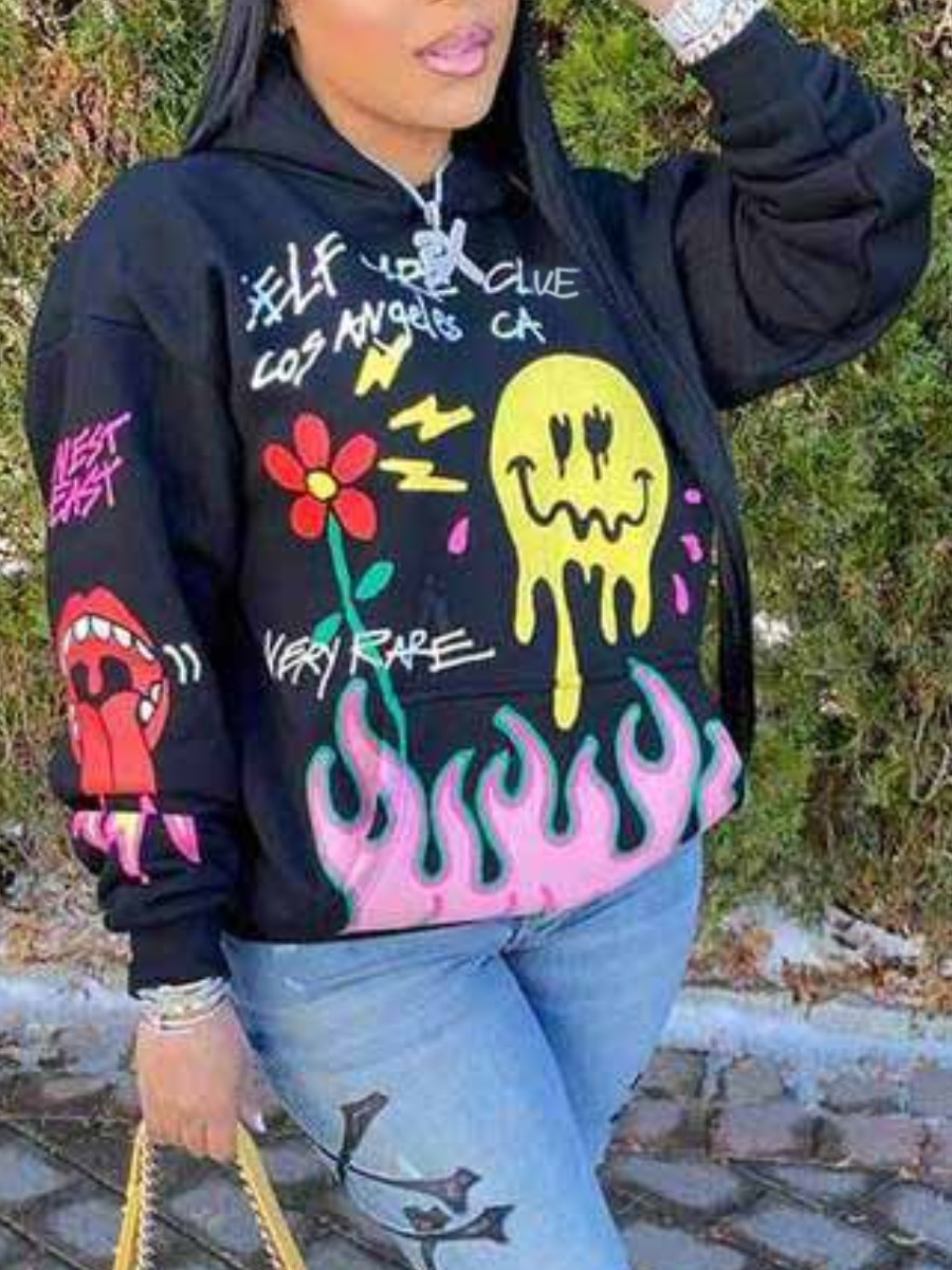 LovelyWholesale Cartoon Letter Print Hoodie Fall Long Sleeve Casual Pattern Hooded Collar Spring Summer 2024