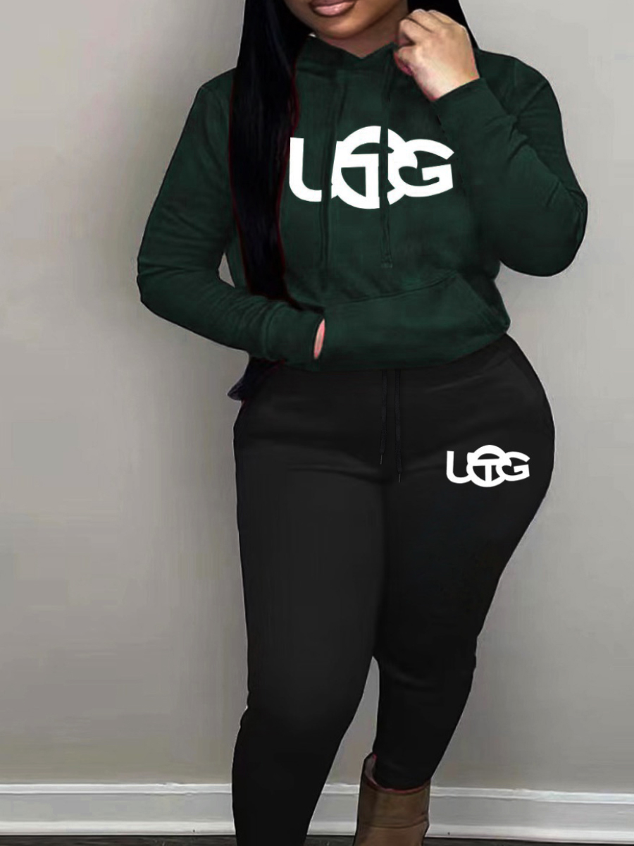 LW Plus Size Letter Print Kangaroo Pocket Tracksuit Set