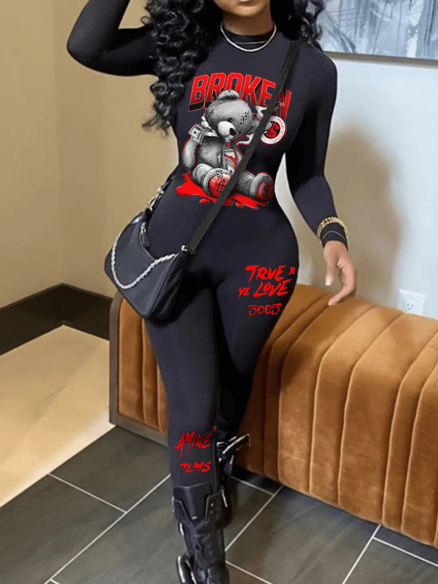 LovelyWholesale Pattern Print Letter Skinny Jumpsuit Fall Long Sleeve Casual Pattern Round Neck Spring Summer 2024