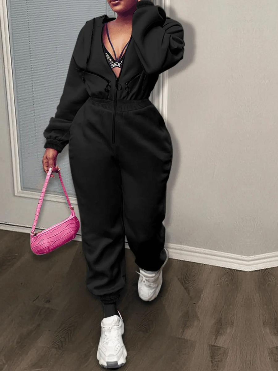 LW Hooded Collar Zipper Design Jumpsuit