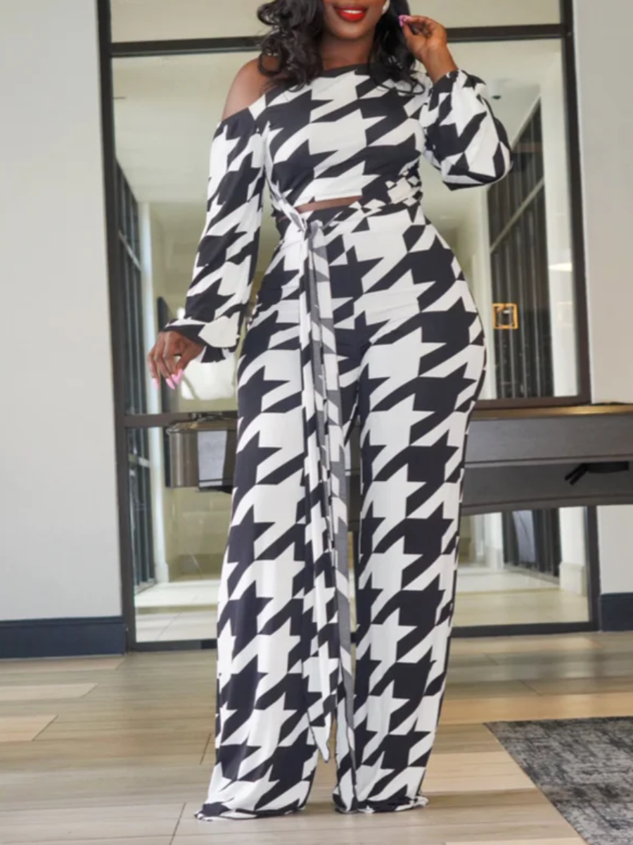 LW Plus Size Houndstooth Bandage Design Wide Leg Pants Set