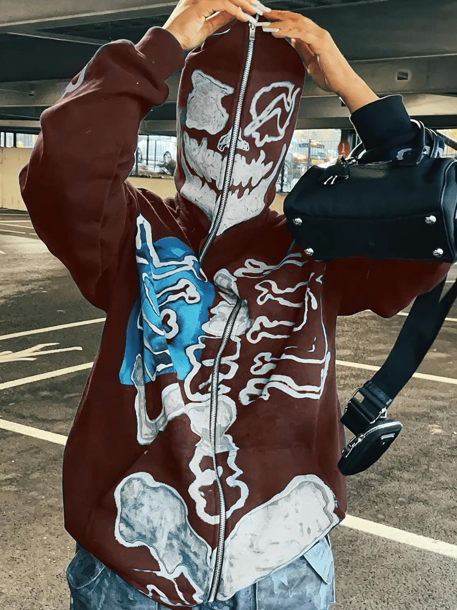 LovelyWholesale Hooded Collar Skeleton Print Jacket Fall Nine Points Sleeve Street Zipper Design Hooded Collar Spring Summer 2024