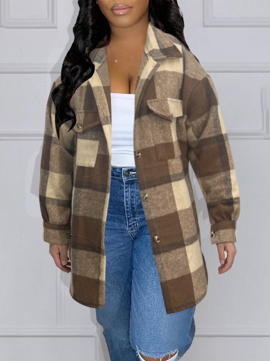 LW Plus Size Plaid Print Pocket Design Wool