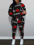 LW Plus Size Letter Heart Print Kangaroo Pocket Tracksuit Set