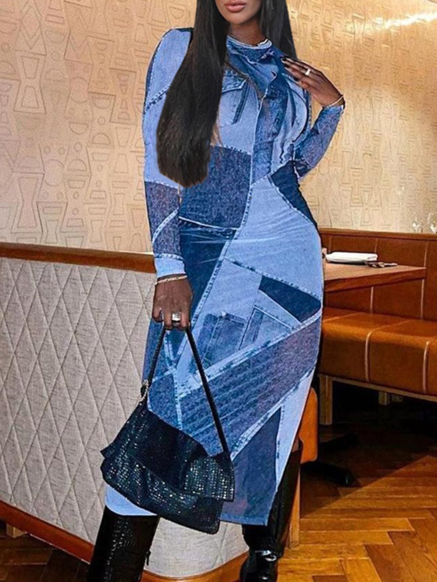 LW Imitation Denimn Side Split Bodycon Dress