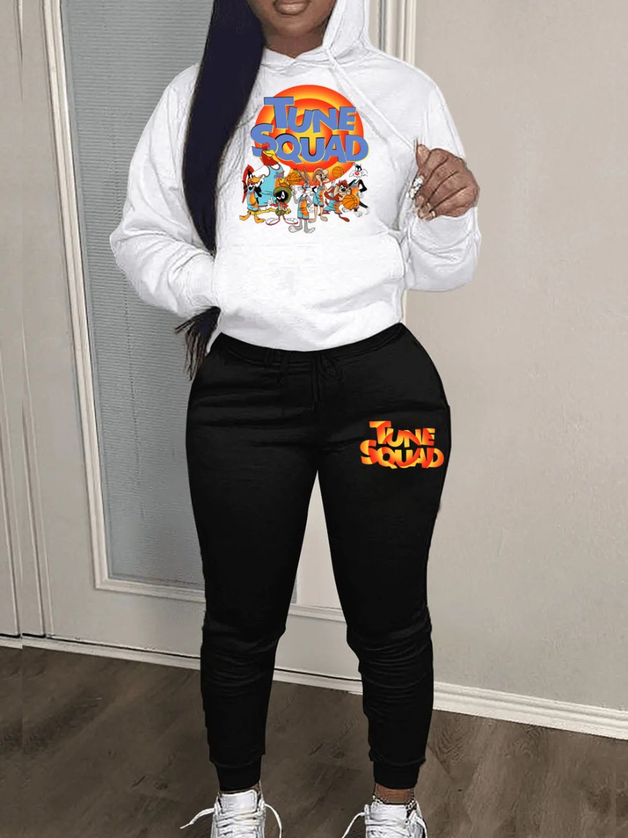 LW Cartoon Letter Print Kangaroo Pocket Tracksuit 