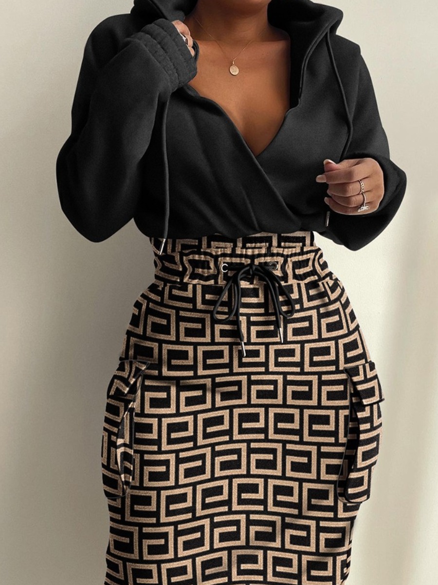 LovelyWholesale Plus Size Geometric Print Drawstring Bodycon Dress Fall Long Sleeve Casual Hooded Collar  5X Spring Summer 2024