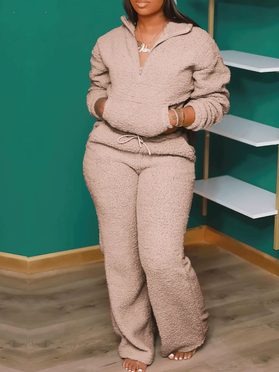 LovelyWholesale BASICS Kangaroo Pocket Drawstring Teddy Pants Set Fall Long Sleeve Casual Turndown Collar Spring Summer 2024