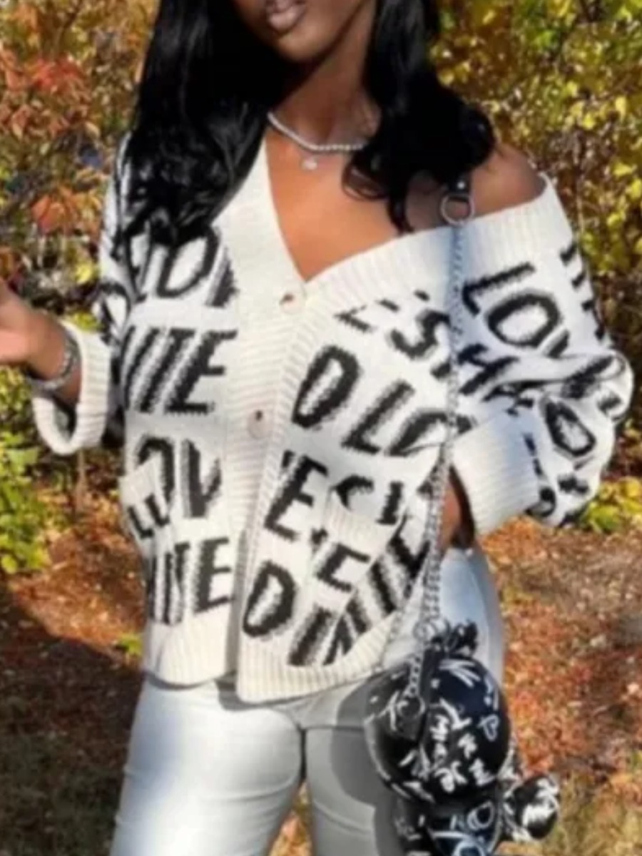 LW V Neck Letter Print Loose Cardigan